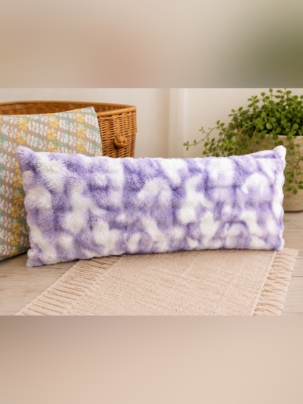 New Large Girl’s Tie Dye Furry Plush Body Pillow Purple White Pillow 16x36”